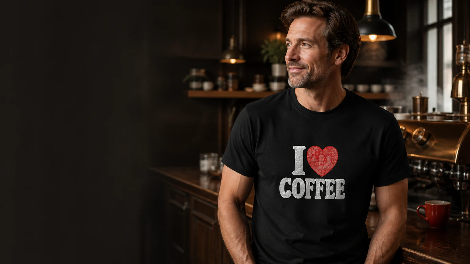 Premium coffee-roastery scene with a man wearing the Transfer Thread Toile I Heart Coffee design